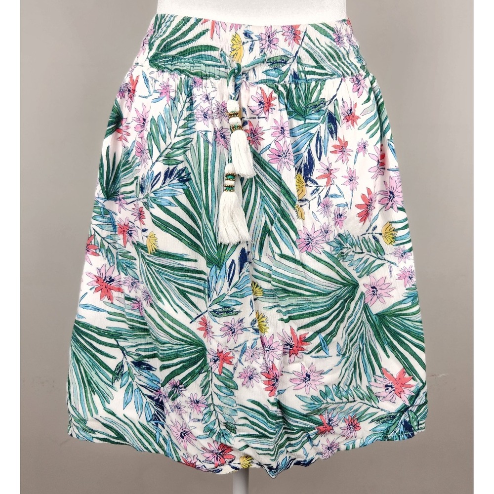 Promod Tropical Skirt Women's 8 Green Pink Red Tassle Floral Palm Leaf  Resort‎